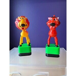 Vintage Tomy Push Puppet Lion Tiger Toy Hong Kong Wobble Animals Lot 2